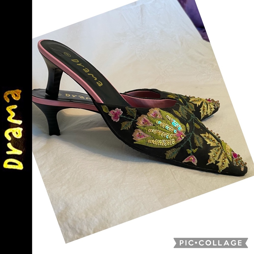 Embellished Mule Slides, Kitten Heels, size 8